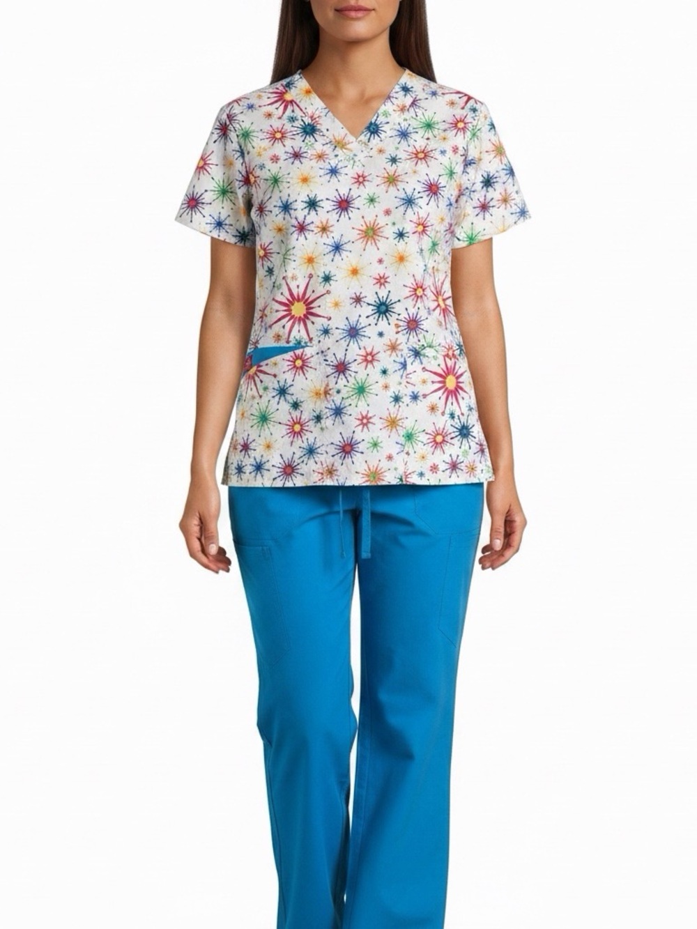 White & Blue Scrub Set With Multicolor Starburst Pattern